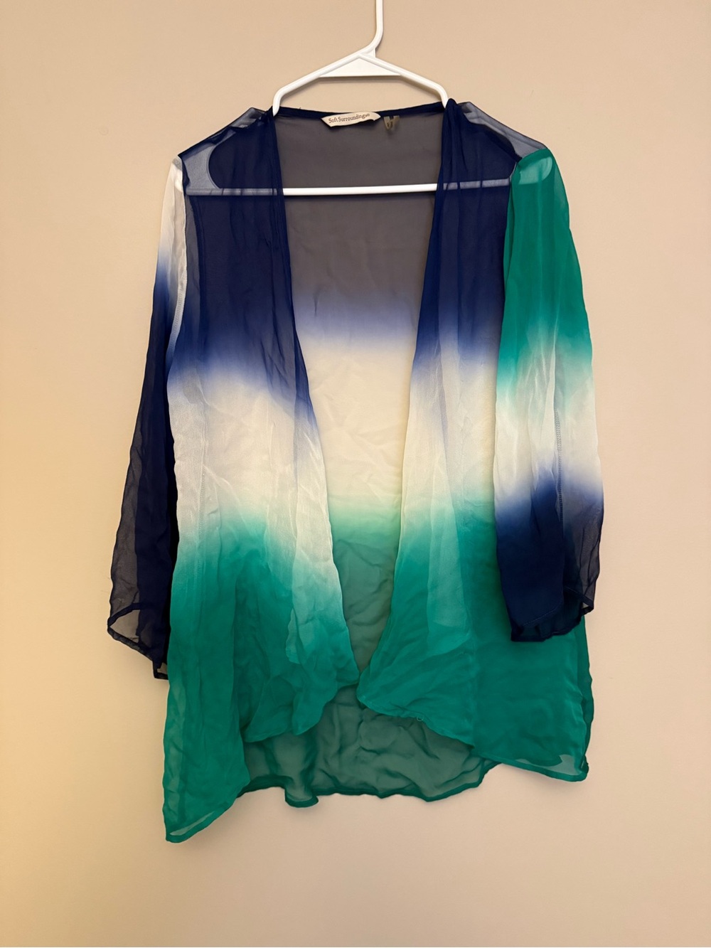 Soft Surroundings Teal Green to Navy Ombre Sheer Open-Front Cardigan